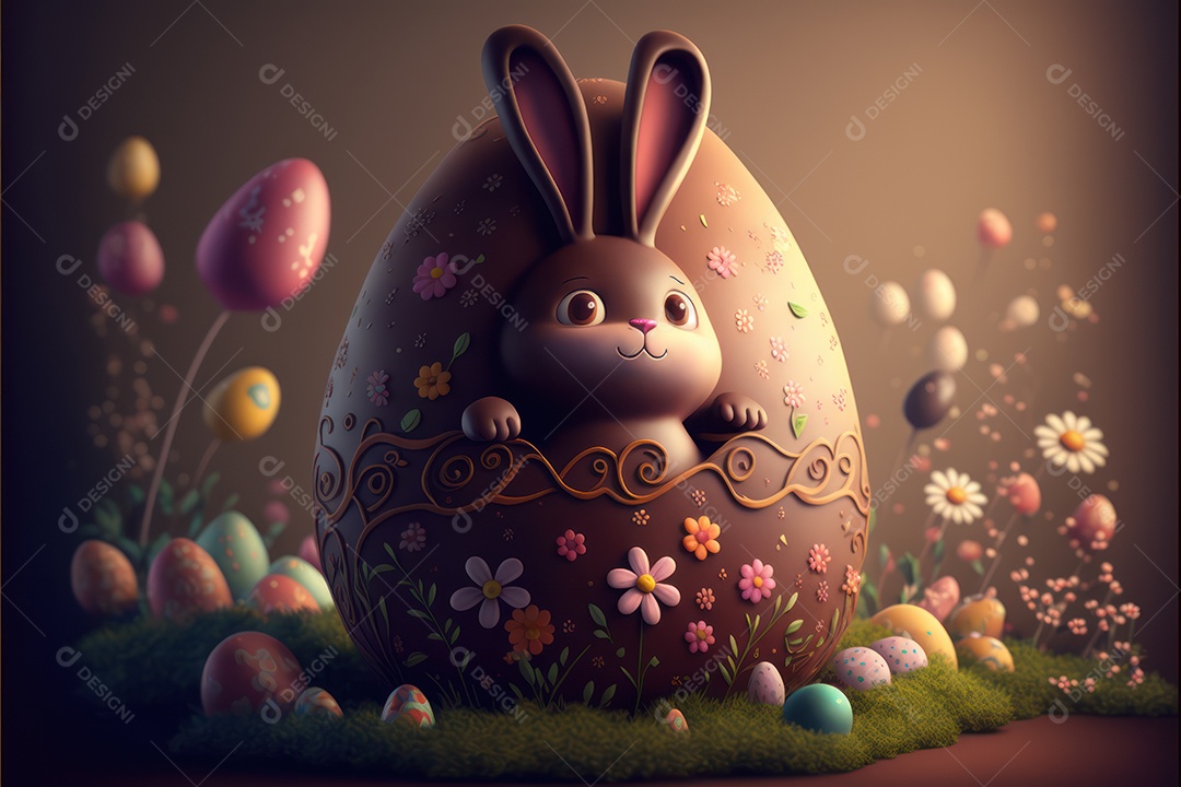 Fundo colorido bonito na celebração da páscoa com balões, ovos coloridos e coelhinhos da páscoa