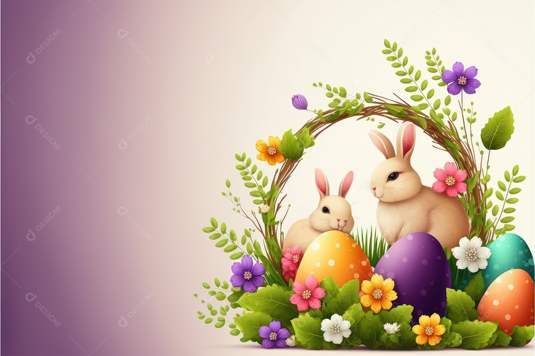 Fundo colorido bonito na celebração da páscoa com balões, ovos coloridos e coelhinhos da páscoa