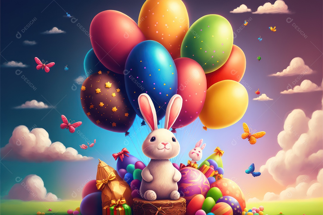 Fundo colorido bonito na celebração da páscoa com balões, ovos coloridos e coelhinhos da páscoa