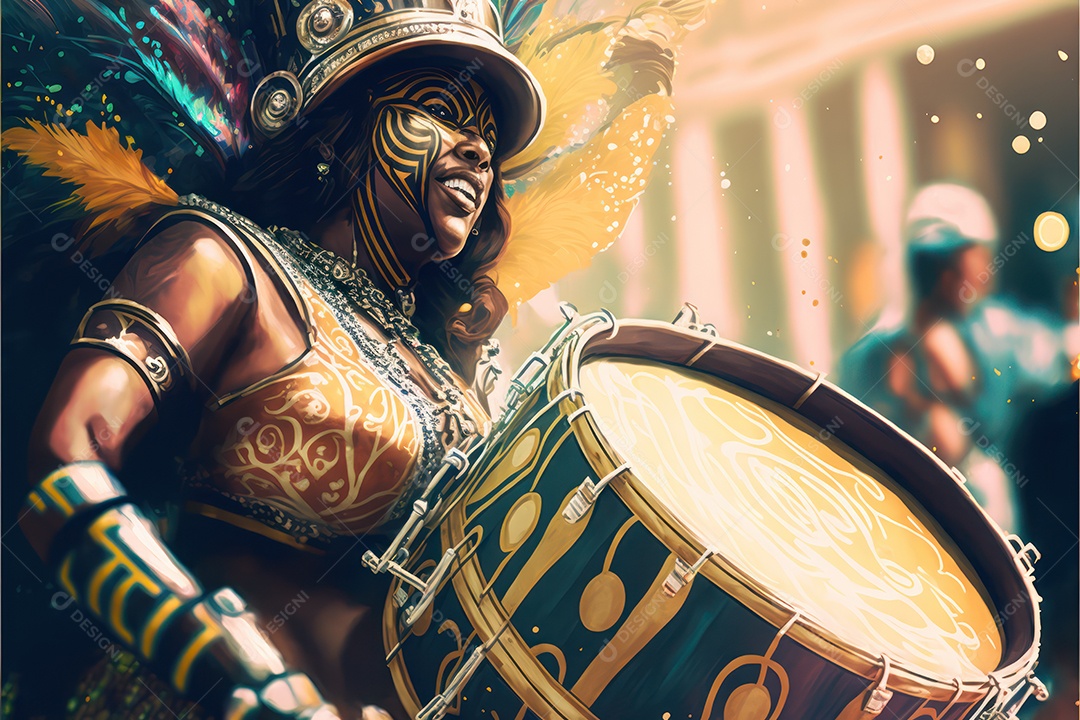 Passistas, dançarinos com máscara e fantasia de carnaval brasileiro e músicos de bateria de samba vestidos com roupas coloridas