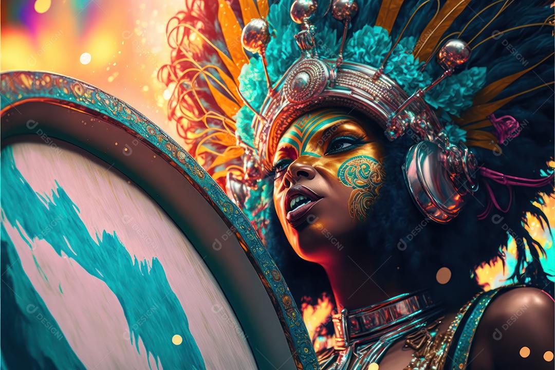 Passistas, dançarinos com máscara e fantasia de carnaval brasileiro e músicos de bateria de samba vestidos com roupas coloridas