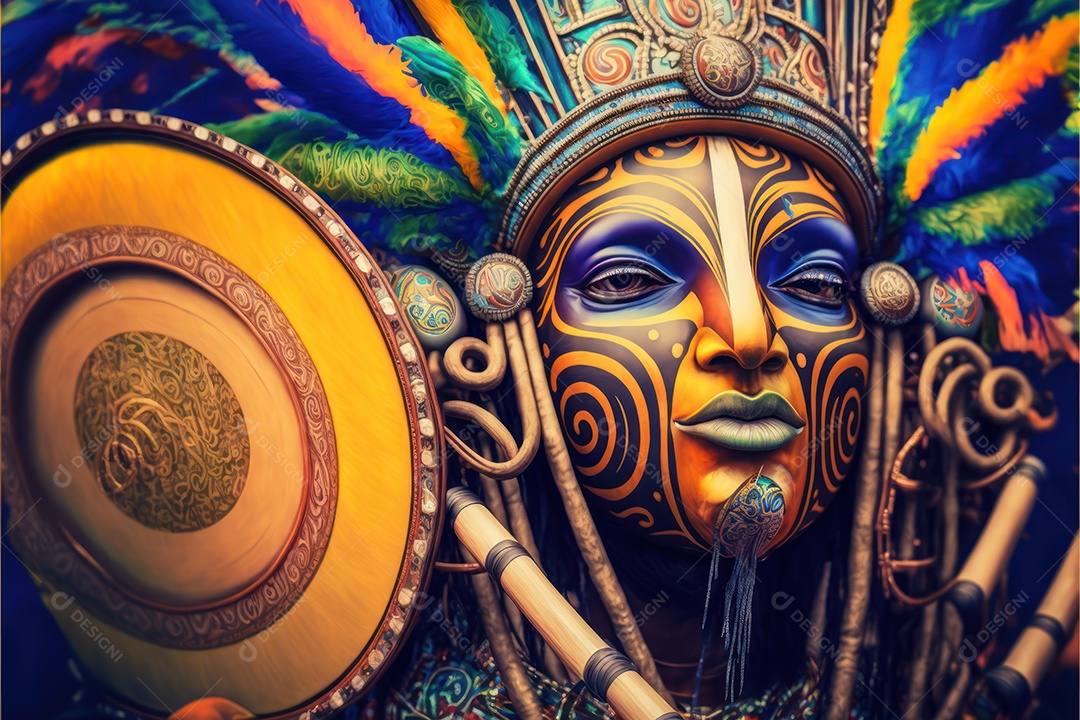 Passistas, dançarinos com máscara e fantasia de carnaval brasileiro e músicos de bateria de samba vestidos com roupas coloridas