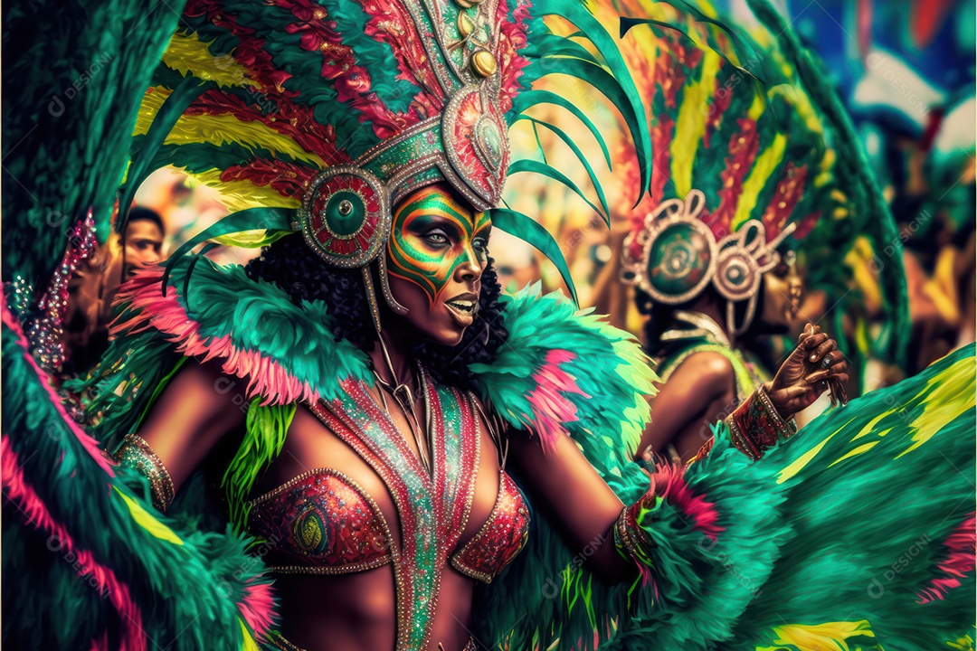 Passistas, dançarinos com máscara e fantasia de carnaval brasileiro e músicos de bateria de samba vestidos com roupas coloridas