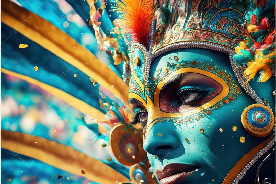 Passistas, dançarinos com máscara e fantasia de carnaval brasileiro e músicos de bateria de samba vestidos com roupas coloridas