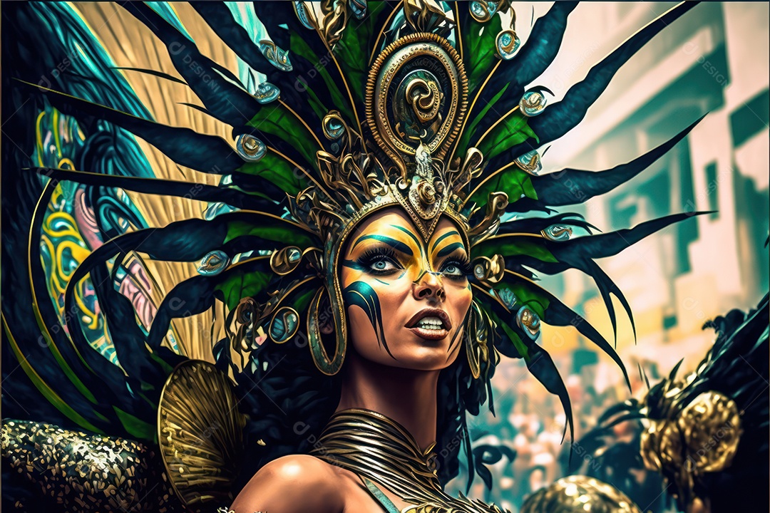 Passistas, dançarinos com máscara e fantasia de carnaval brasileiro e músicos de bateria de samba vestidos com roupas coloridas