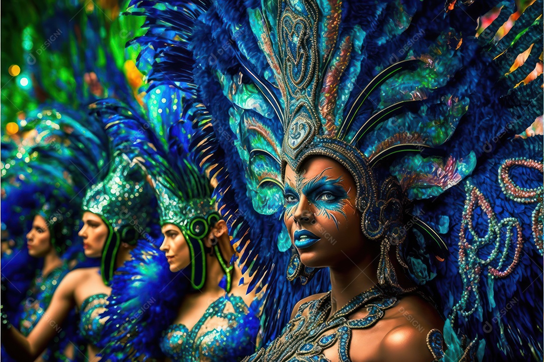 Passistas, dançarinos com máscara e fantasia de carnaval brasileiro e músicos de bateria de samba vestidos com roupas coloridas