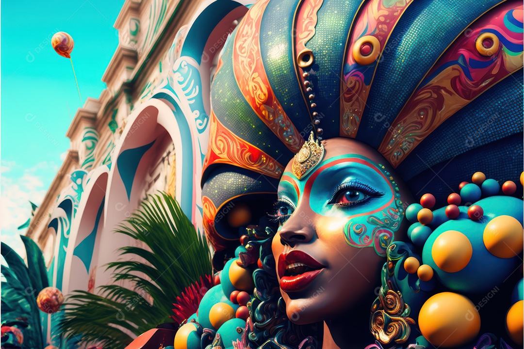 Carros alegóricos do carnaval brasileiro com belas esculturas temáticas de samba e enfeites coloridos