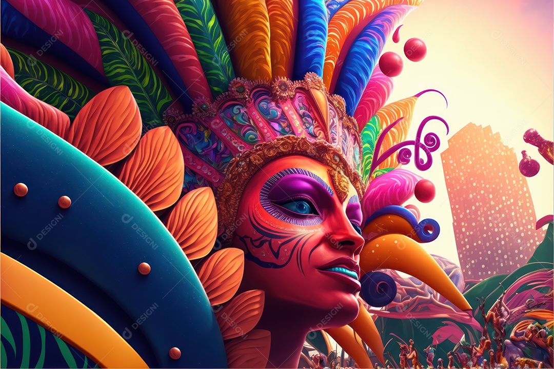 Passistas, dançarinos com máscara e fantasia de carnaval brasileiro e músicos de bateria de samba vestidos com roupas coloridas