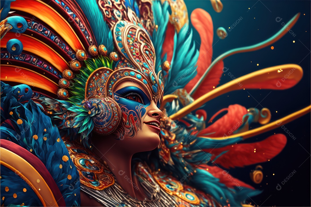 Passistas, dançarinos com máscara e fantasia de carnaval brasileiro e músicos de bateria de samba vestidos com roupas coloridas