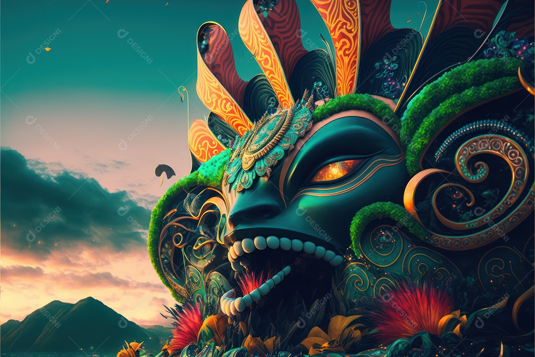 Passistas, dançarinos com máscara e fantasia de carnaval brasileiro e músicos de bateria de samba vestidos com roupas coloridas