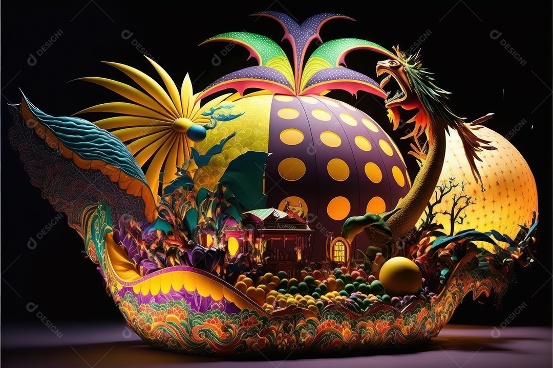 Carros alegóricos do carnaval brasileiro com belas esculturas temáticas de samba e enfeites coloridos