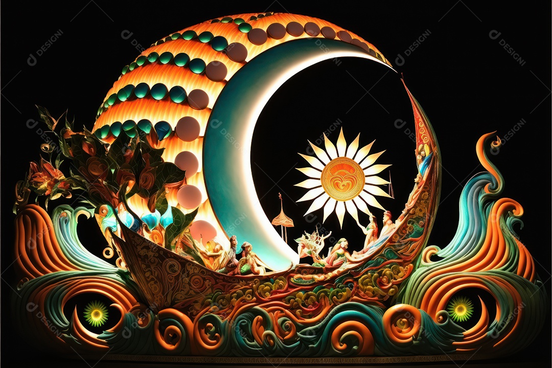 Carros alegóricos do carnaval brasileiro com belas esculturas temáticas de samba e enfeites coloridos