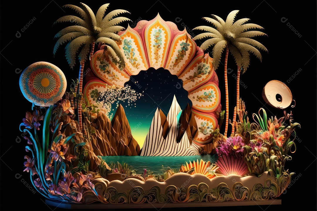 Carros alegóricos do carnaval brasileiro com belas esculturas temáticas de samba e enfeites coloridos