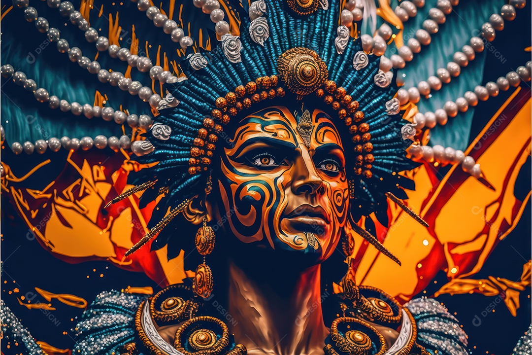 Passistas, dançarinos com máscara e fantasia de carnaval brasileiro e músicos de bateria de samba vestidos com roupas coloridas