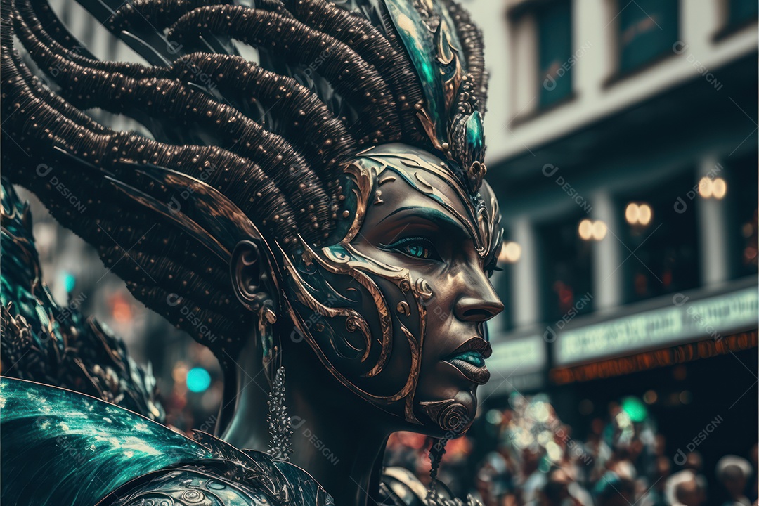Passistas, dançarinos com máscara e fantasia de carnaval brasileiro e músicos de bateria de samba vestidos com roupas coloridas