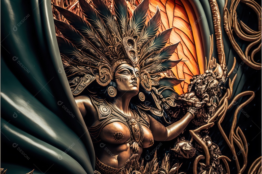 Passistas, dançarinos com máscara e fantasia de carnaval brasileiro e músicos de bateria de samba vestidos com roupas coloridas