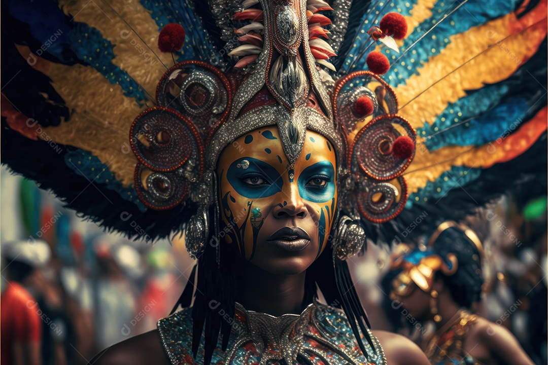 Passistas, dançarinos com máscara e fantasia de carnaval brasileiro e músicos de bateria de samba vestidos com roupas coloridas