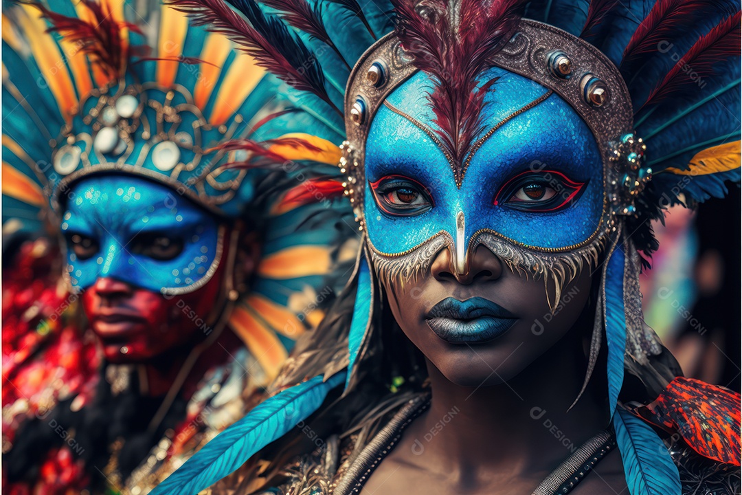 Passistas, dançarinos com máscara e fantasia de carnaval brasileiro e músicos de bateria de samba vestidos com roupas coloridas