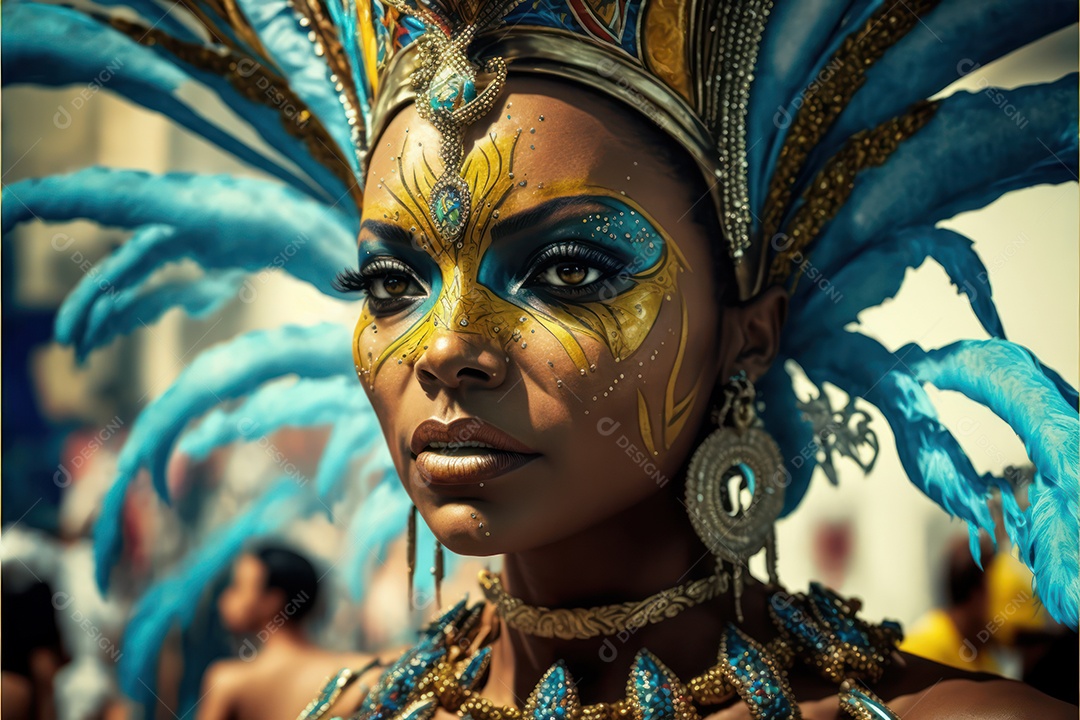 Passistas, dançarinos com máscara e fantasia de carnaval brasileiro e músicos de bateria de samba vestidos com roupas coloridas