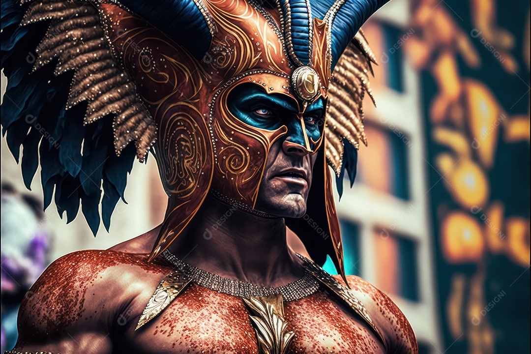 Passistas, dançarinos com máscara e fantasia de carnaval brasileiro e músicos de bateria de samba vestidos com roupas coloridas