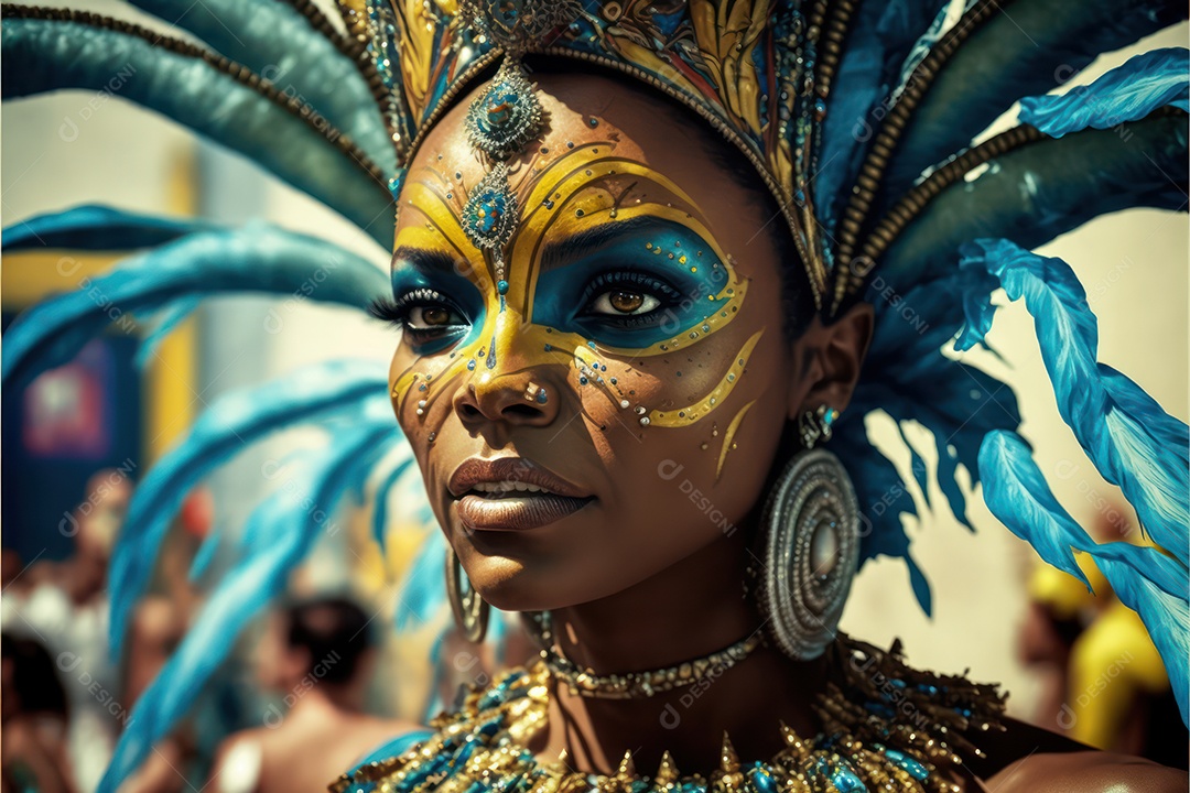 Passistas, dançarinos com máscara e fantasia de carnaval brasileiro e músicos de bateria de samba vestidos com roupas coloridas
