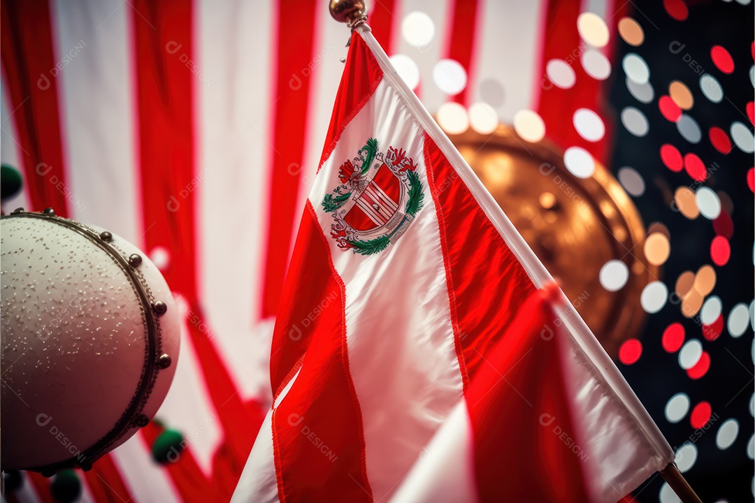 Bandeira, símbolo, mascote, adereços e enfeites do Carnaval brasileiro com as cores das Escolas de Samba. vermelho e branco