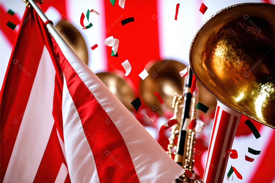 Bandeira, símbolo, mascote, adereços e enfeites do Carnaval brasileiro com as cores das Escolas de Samba. vermelho e branco