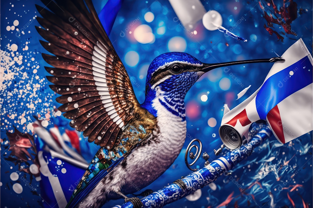 Bandeira, símbolo, mascote, adereço e enfeites do Carnaval Brasileiro com as cores das Escolas de Samba. Azul e branco