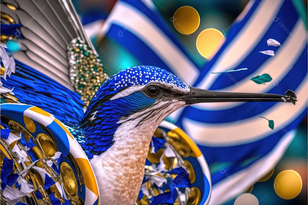Bandeira, símbolo, mascote, adereço e enfeites do Carnaval Brasileiro com as cores das Escolas de Samba. Azul e branco
