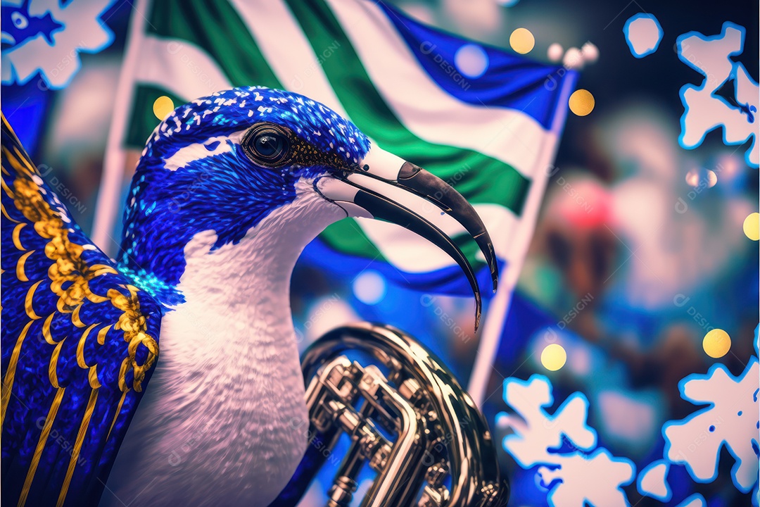 Bandeira, símbolo, mascote, adereço e enfeites do Carnaval Brasileiro com as cores das Escolas de Samba. Azul e branco