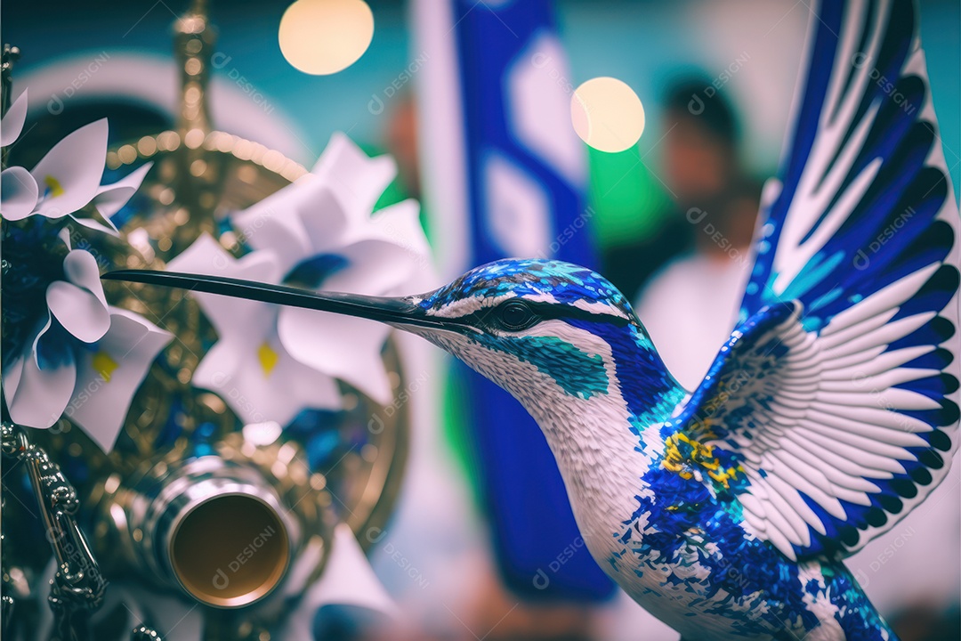 Bandeira, símbolo, mascote, adereço e enfeites do Carnaval Brasileiro com as cores das Escolas de Samba. Azul e branco