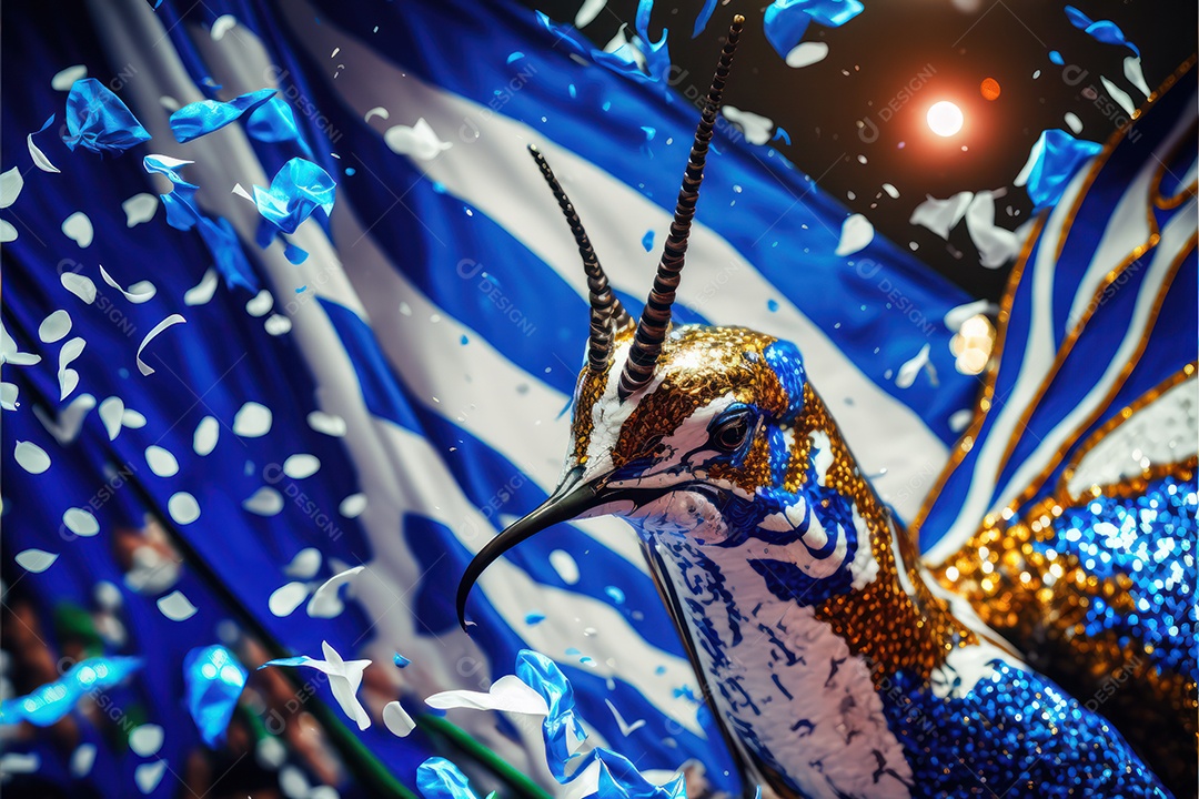 Bandeira, símbolo, mascote, adereço e enfeites do Carnaval Brasileiro com as cores das Escolas de Samba. Azul e branco