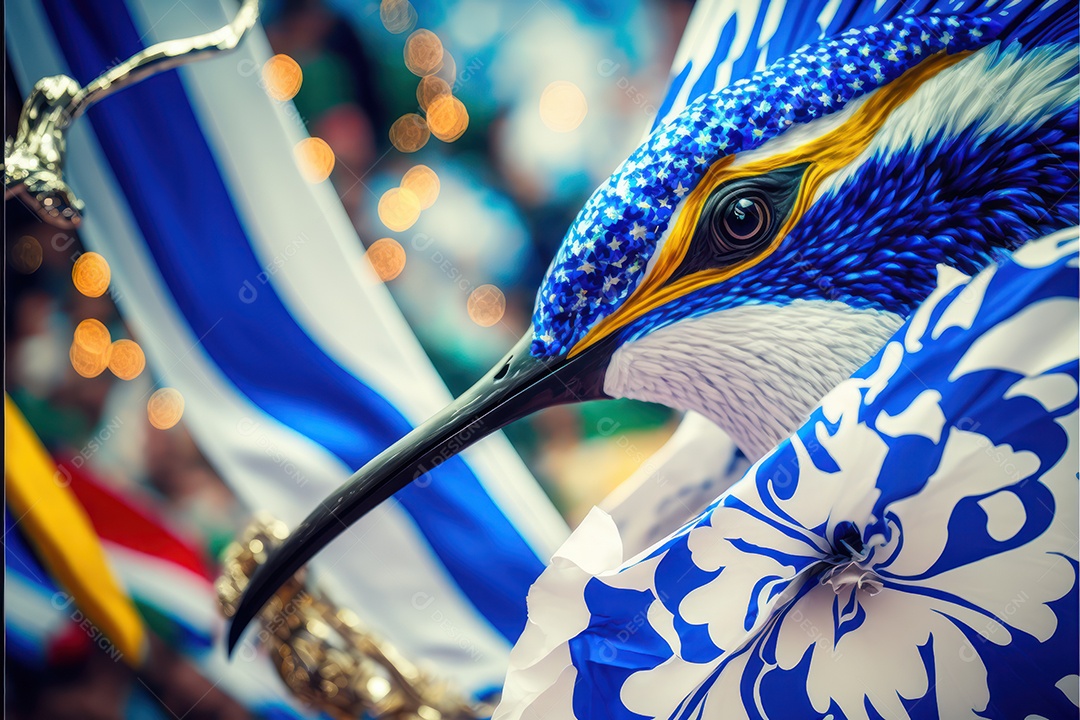 Bandeira, símbolo, mascote, adereço e enfeites do Carnaval Brasileiro com as cores das Escolas de Samba. Azul e branco