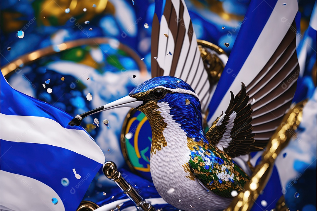 Bandeira, símbolo, mascote, adereço e enfeites do Carnaval Brasileiro com as cores das Escolas de Samba. azul e branco