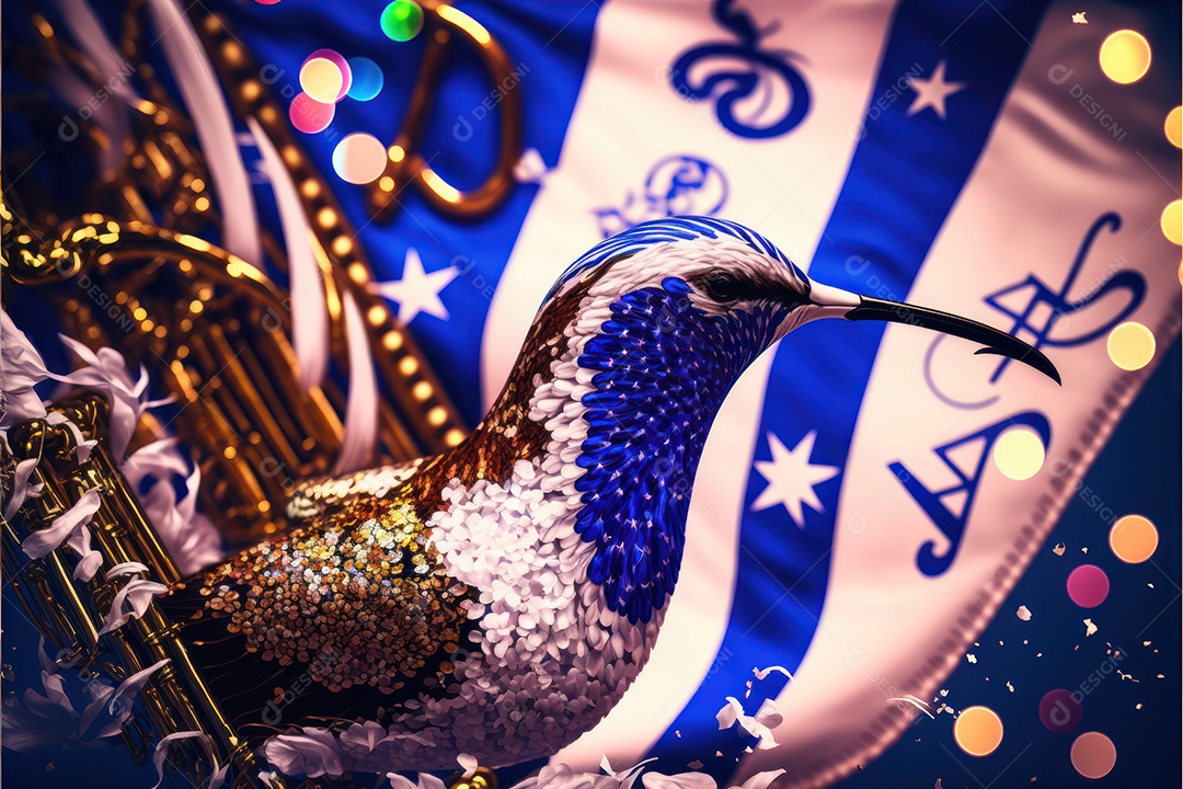 Bandeira, símbolo, mascote, adereço e enfeites do Carnaval Brasileiro com as cores das Escolas de Samba. azul e branco