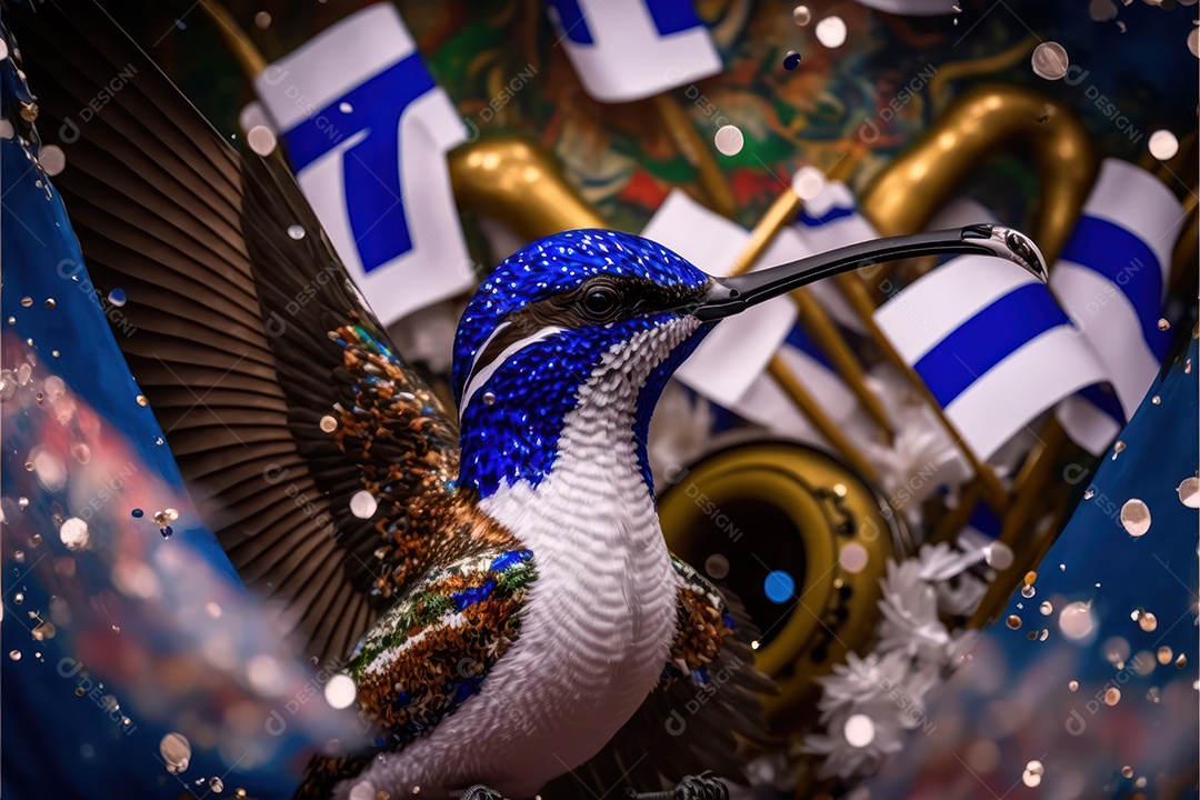 Bandeira, símbolo, mascote, adereço e enfeites do Carnaval Brasileiro com as cores das Escolas de Samba. azul e branco