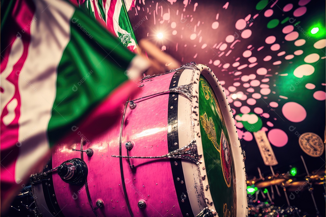 Bandeira, símbolo, mascote, adereço e enfeites do Carnaval Brasileiro com as cores das Escolas de Samba. verde e rosa