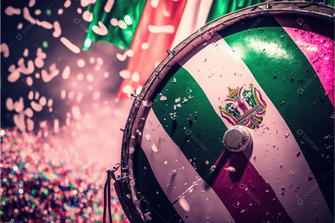 Bandeira, símbolo, mascote, adereço e enfeites do Carnaval Brasileiro com as cores das Escolas de Samba. verde e rosa