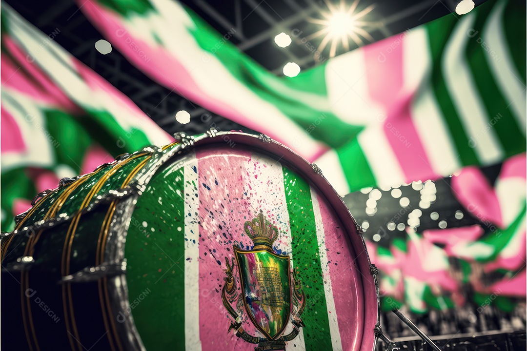 Bandeira, símbolo, mascote, adereço e enfeites do Carnaval Brasileiro com as cores das Escolas de Samba. verde e rosa
