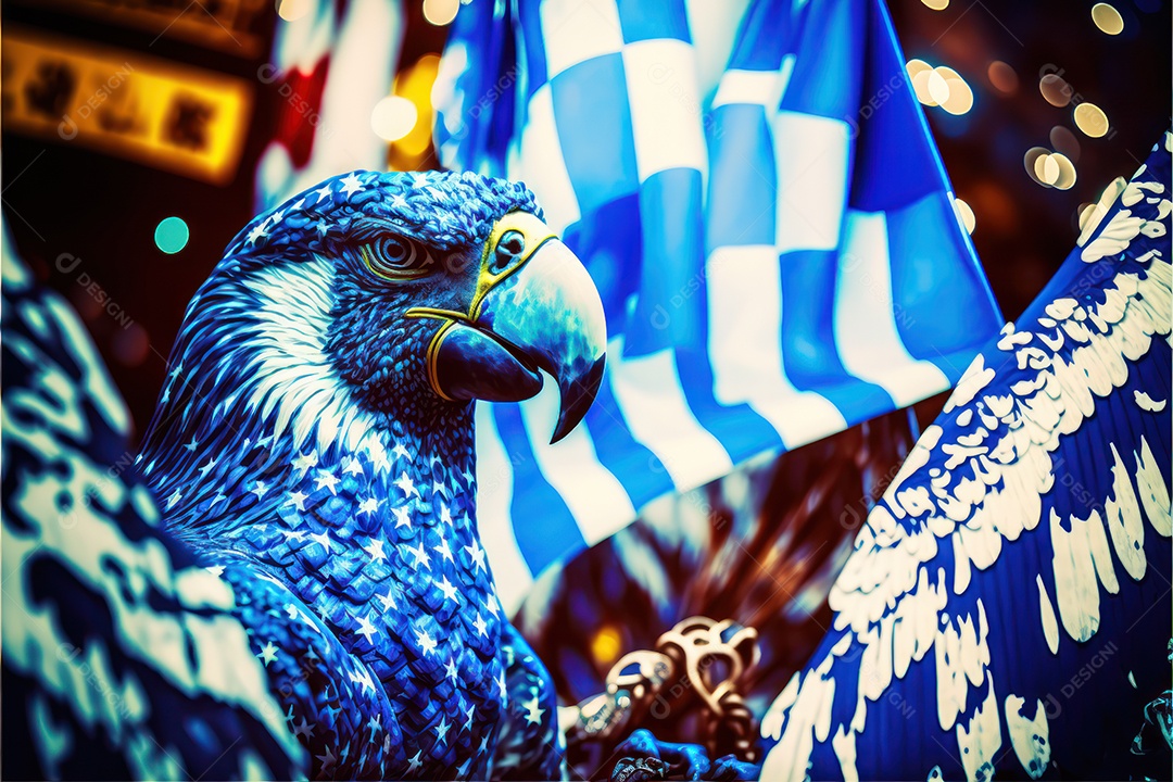 Bandeira, símbolo, mascote, adereço e enfeites do Carnaval Brasileiro com as cores das Escolas de Samba. Azul e branco