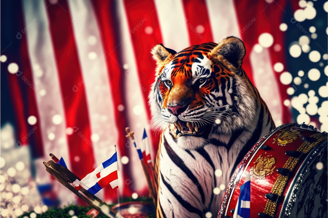 Bandeira, símbolo, mascote, adereços e enfeites do Carnaval brasileiro com as cores das Escolas de Samba. vermelho e branco