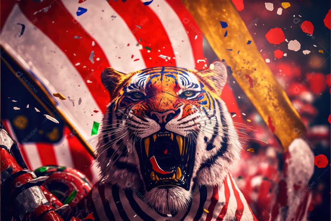 Bandeira, símbolo, mascote, adereços e enfeites do Carnaval brasileiro com as cores das Escolas de Samba. vermelho e branco