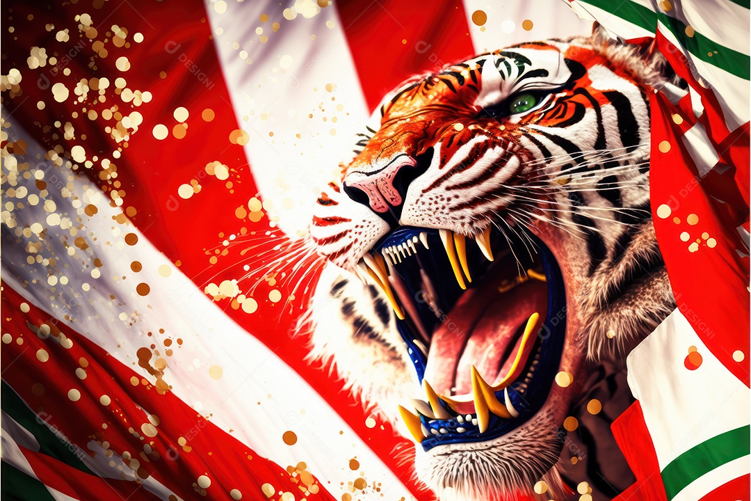 Bandeira, símbolo, mascote, adereços e enfeites do Carnaval brasileiro com as cores das Escolas de Samba. vermelho e branco