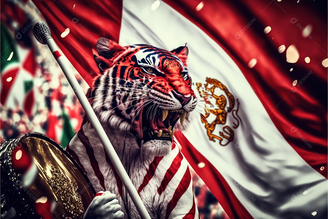 Bandeira, símbolo, mascote, adereços e enfeites do Carnaval brasileiro com as cores das Escolas de Samba. vermelho e branco