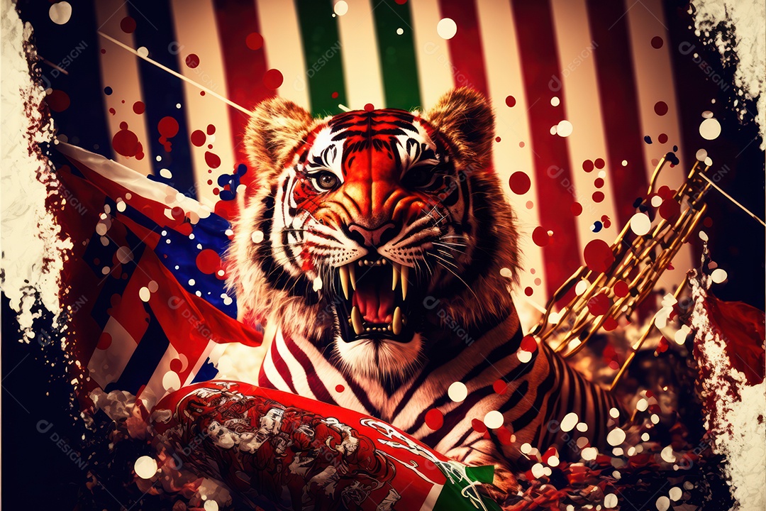 Bandeira, símbolo, mascote, adereços e enfeites do Carnaval brasileiro com as cores das Escolas de Samba. vermelho e branco