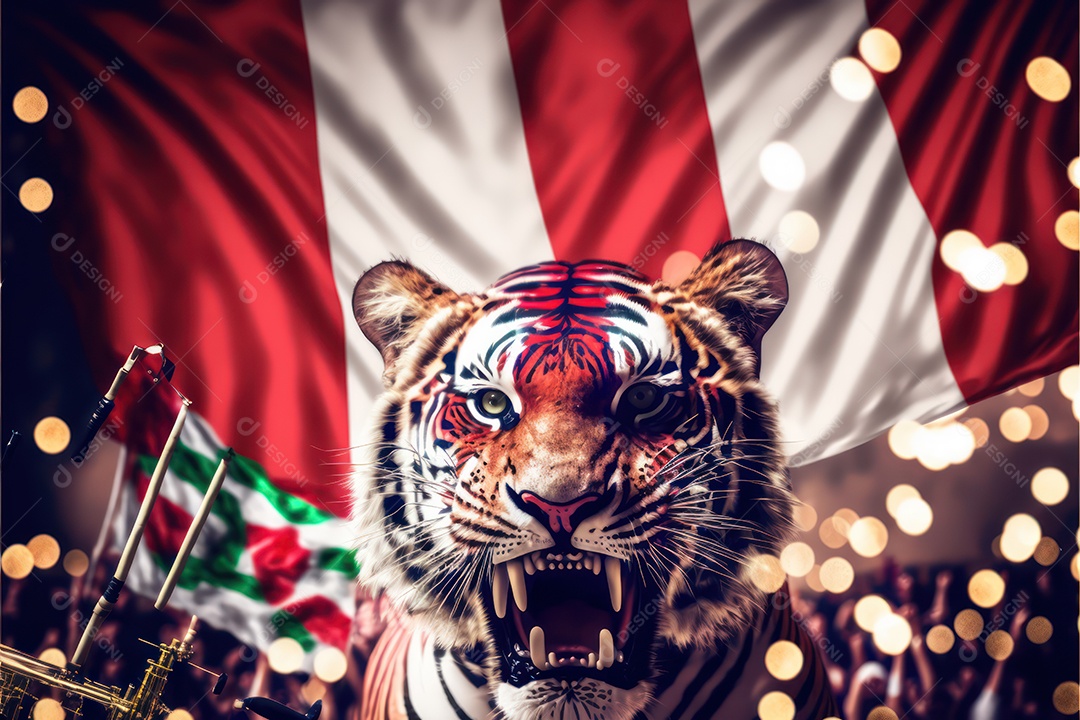 Bandeira, símbolo, mascote, adereços e enfeites do Carnaval brasileiro com as cores das Escolas de Samba. vermelho e branco