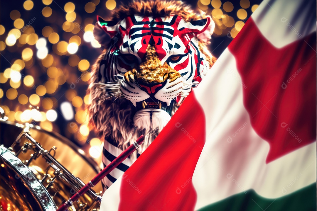 Bandeira, símbolo, mascote, adereços e enfeites do Carnaval brasileiro com as cores das Escolas de Samba. vermelho e branco