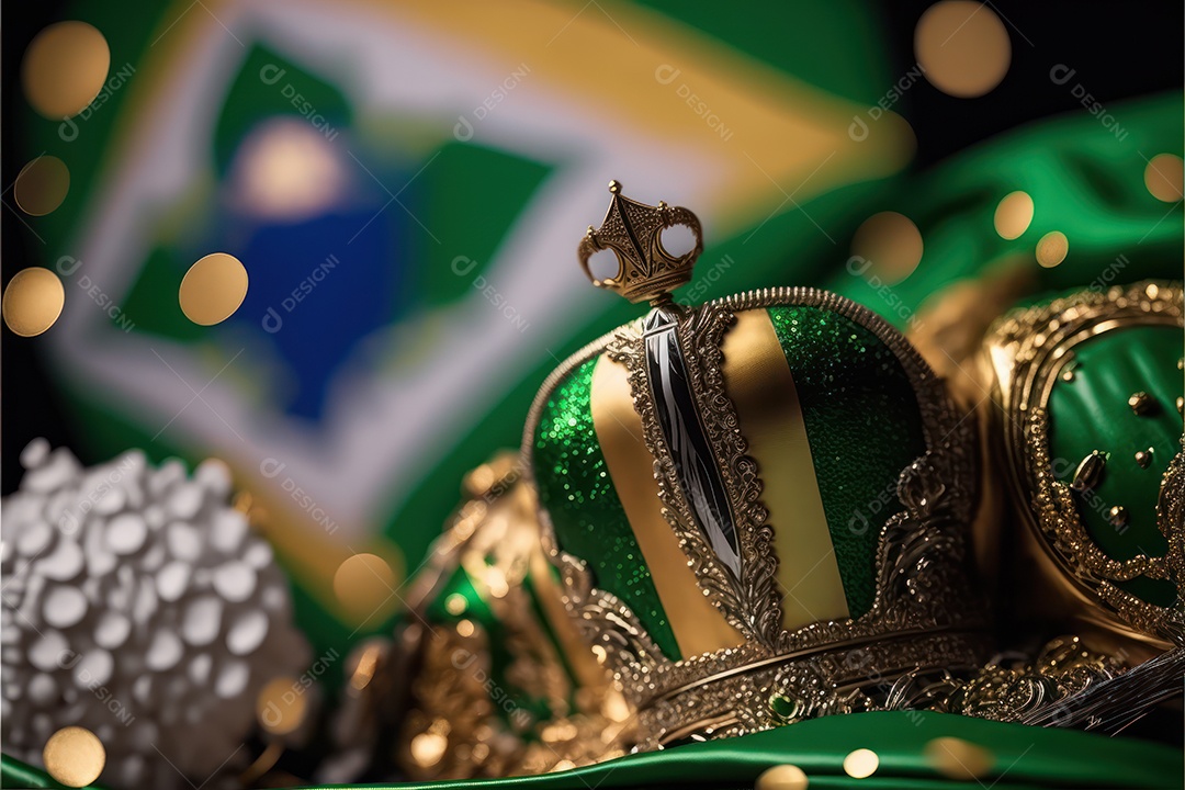 Bandeira, símbolo, mascote, adereço e decoração do Carnaval Brasileiro nas cores das Escolas de Samba. verde e branco