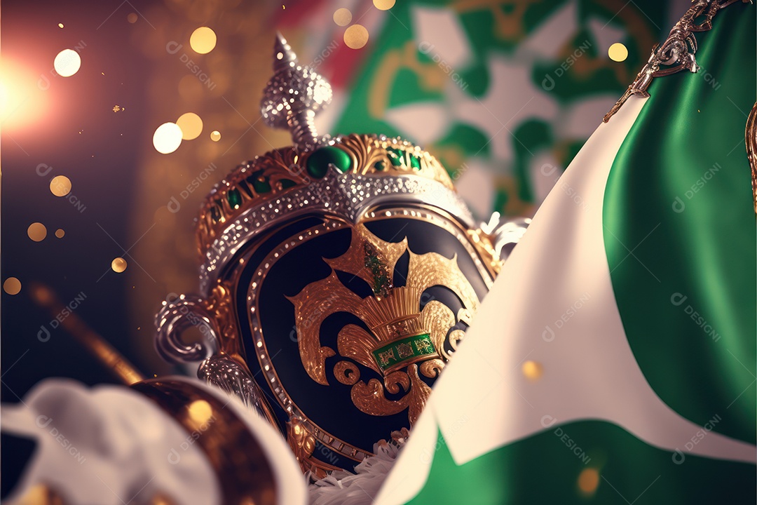 Bandeira, símbolo, mascote, adereço e decoração do Carnaval Brasileiro nas cores das Escolas de Samba. verde e branco