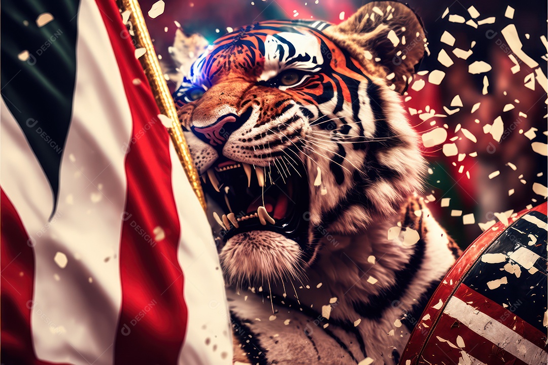 Bandeira, símbolo, mascote, adereços e enfeites do Carnaval brasileiro com as cores das Escolas de Samba. vermelho e branco